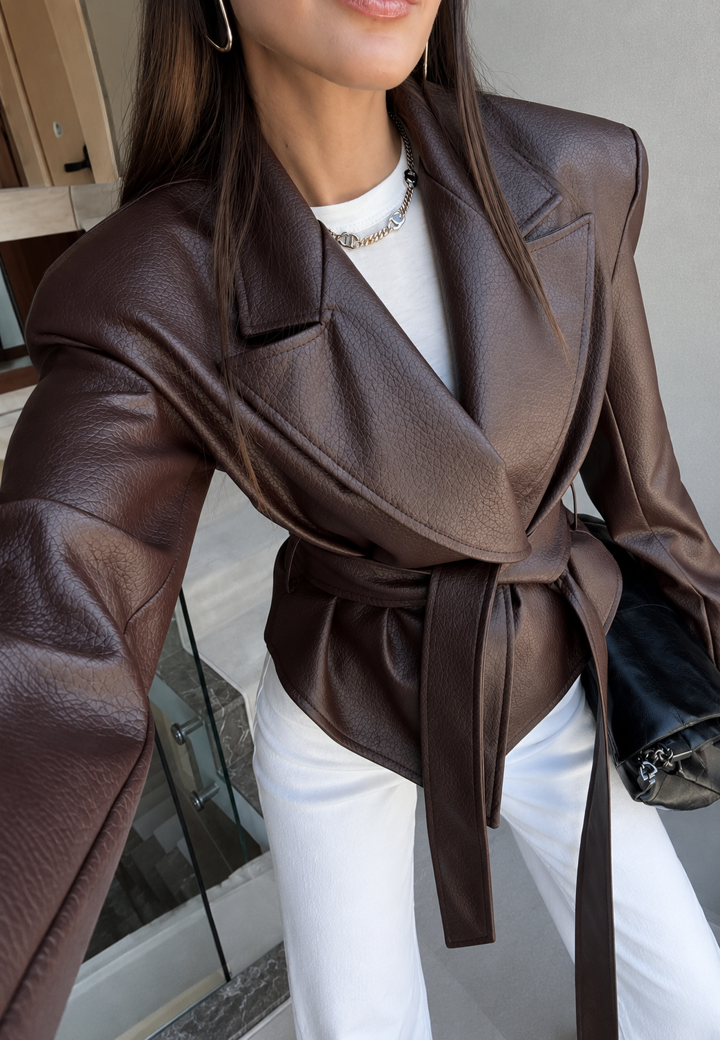 Blazer femme effet cuir ceinture à nouer taille marquée - Elowen