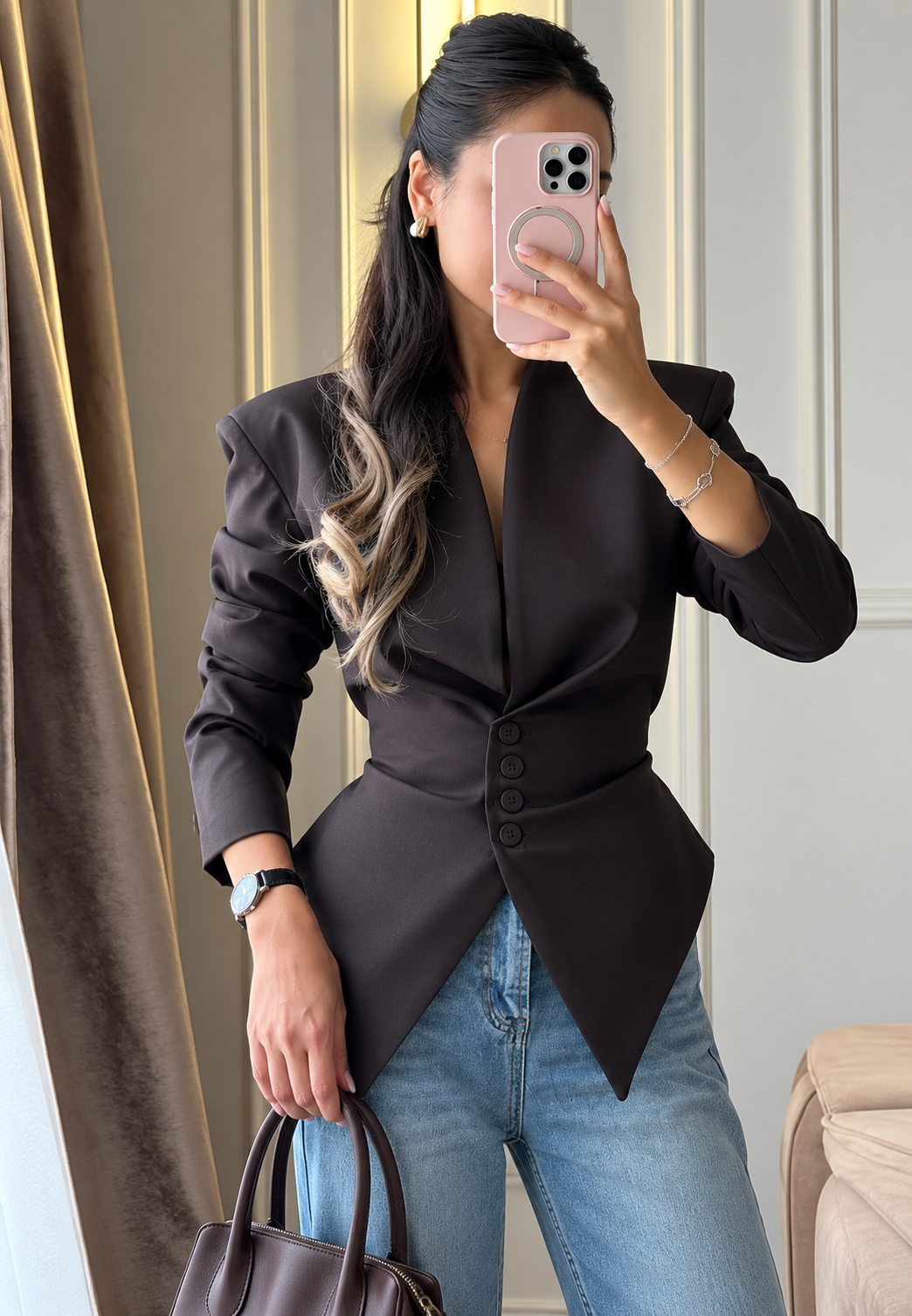 Blazer femme cintré asymétrique épaulettes boutons bureau - Marlies