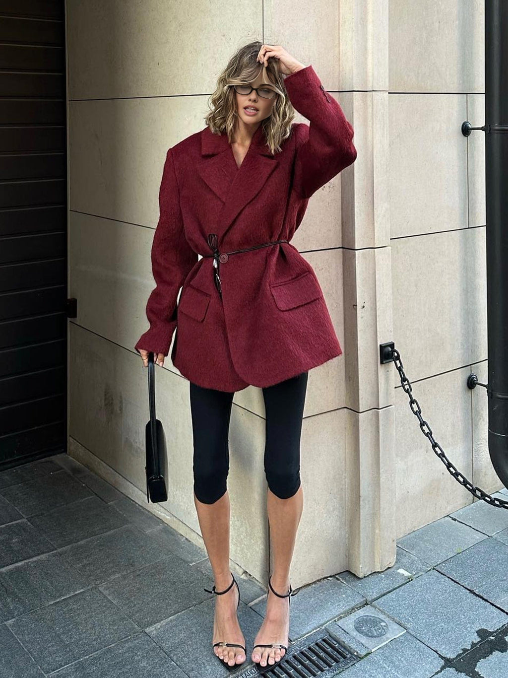 Blazer femme laine ceinture fine revers V chaud élégant - Ursula