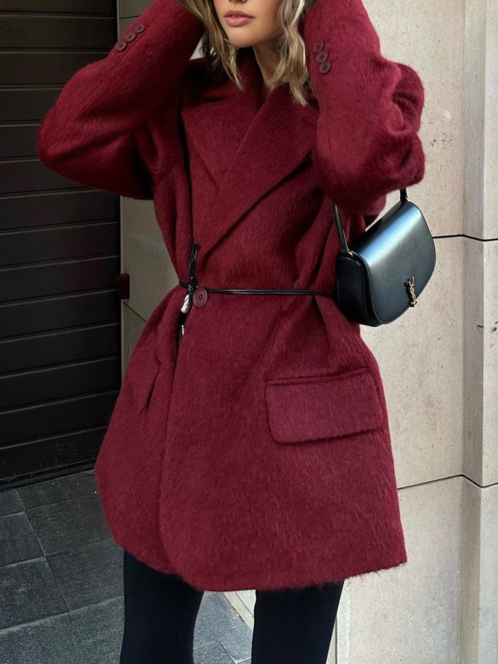 Blazer femme laine ceinture fine revers V chaud élégant - Ursula