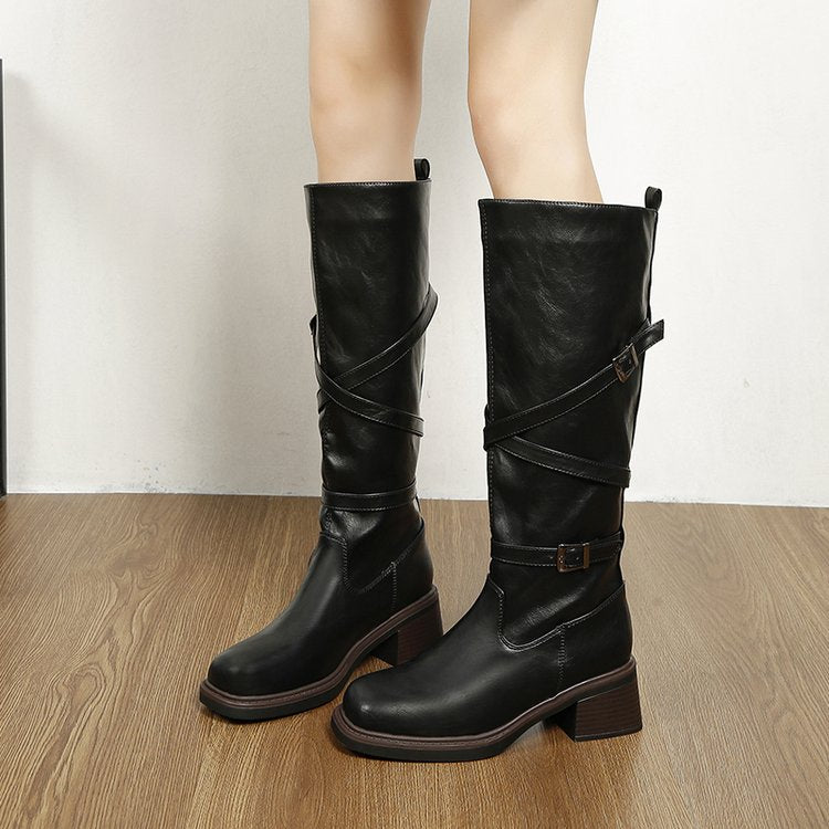 Bottes motardes femme tige haute boucles semelle compensée - Danica