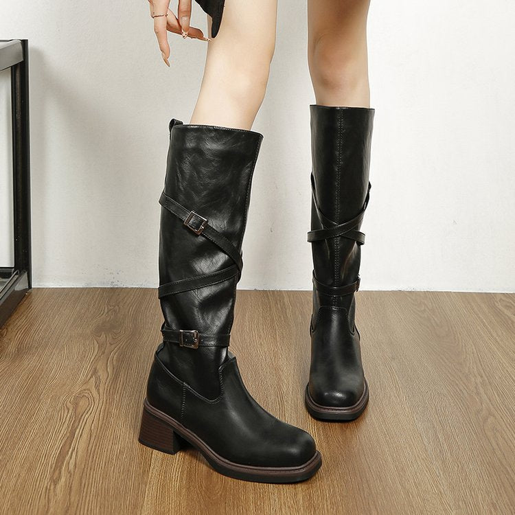 Bottes motardes femme tige haute boucles semelle compensée - Danica