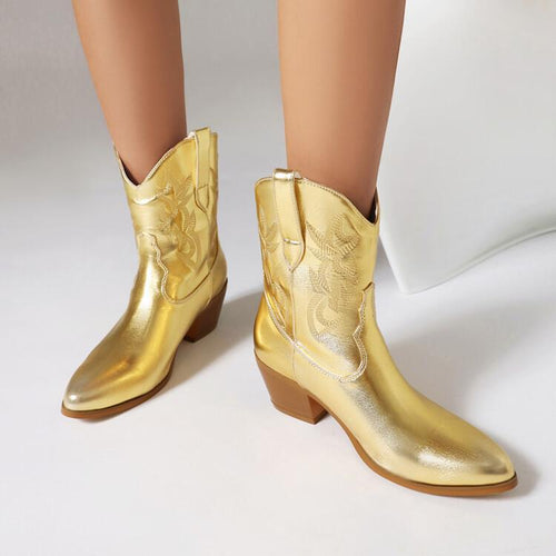 Bottes cowboy femme tige mi-haute brodées talon large - Helga