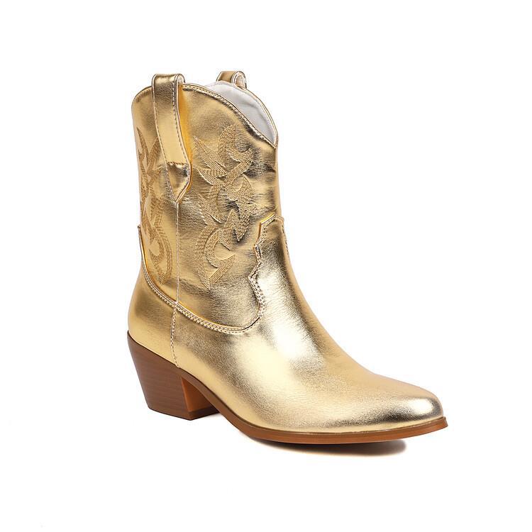 Bottes cowboy femme tige mi-haute brodées talon large - Helga