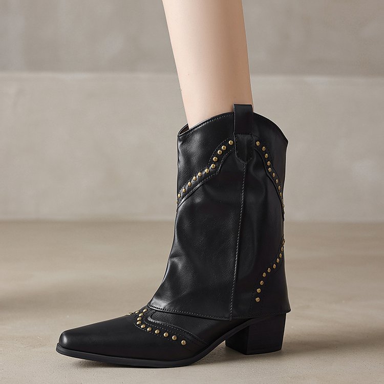 Bottes cowboy femme tige mi-haute clous talon bloc western - Maura