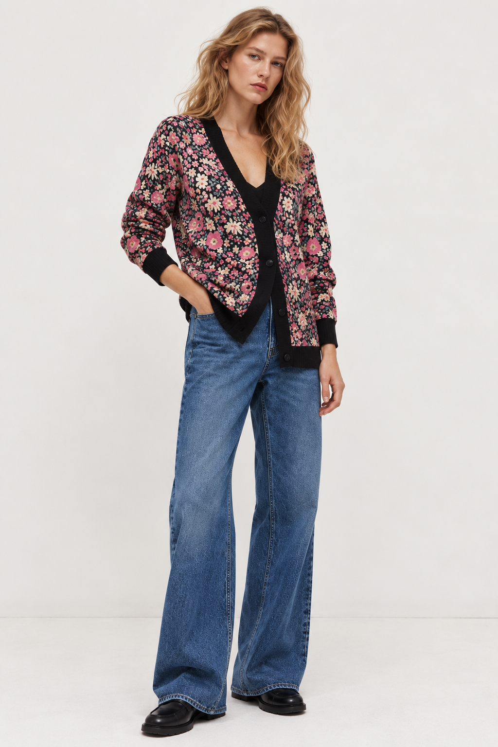 Cardigan tricoté femme motif floral boutonné maille automne - Emilia