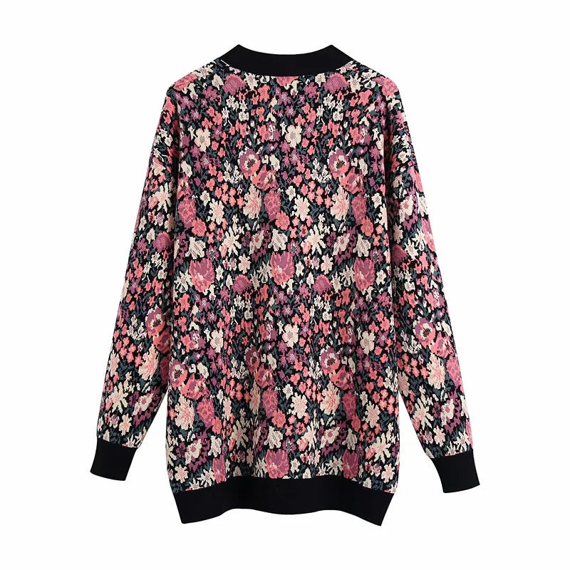 Cardigan tricoté femme motif floral boutonné maille automne - Emilia
