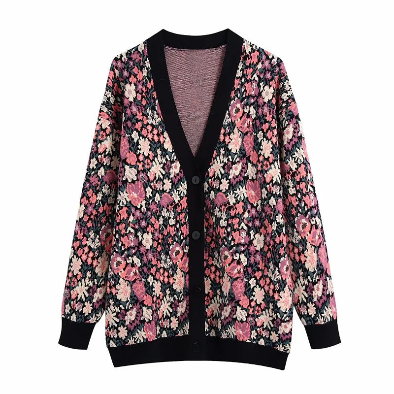Cardigan tricoté femme motif floral boutonné maille automne - Emilia