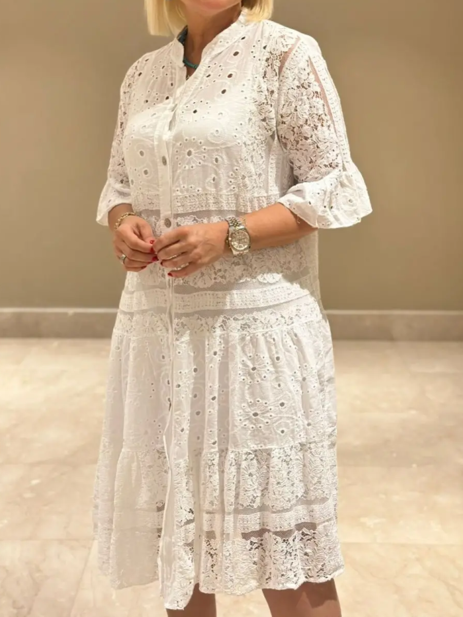 Robe femme broderies décoratives boutonnage devant détails ajourés - Merker