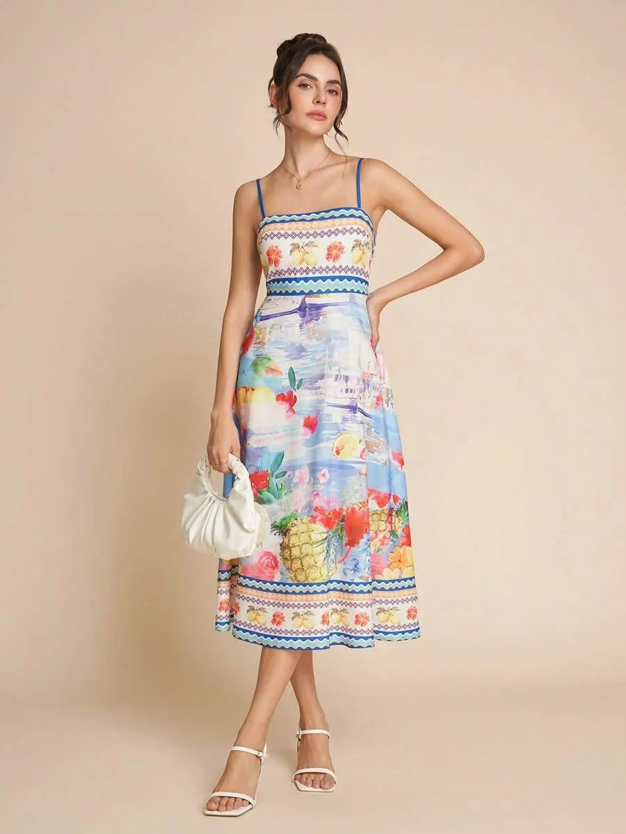 Robe midi femme encolure droite motif fleuri saison estivale - Mirela