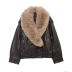 Veste femme effet cuir large col effet fourrure chaude - Nymera