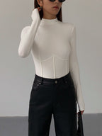 Haut femme col montant manches longues détail corset ajusté - Annelie