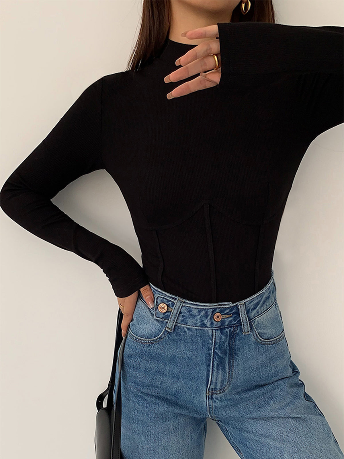 Haut femme col montant manches longues détail corset ajusté - Annelie