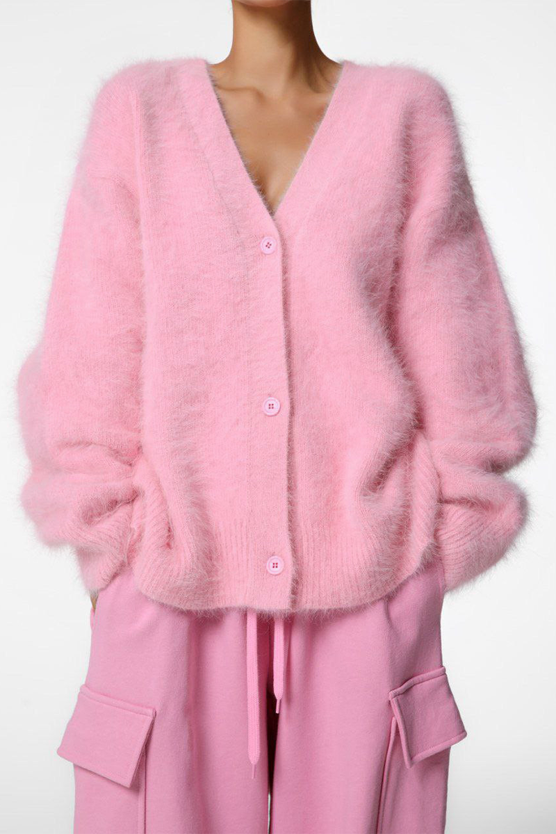 Cardigan femme maille effet fourrure col V boutons doux - Annelie