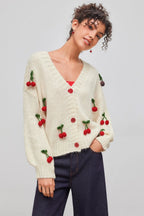 Cardigan ample femme maille col V applications cerises - Frieda