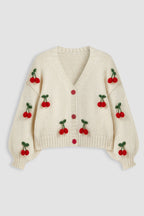 Cardigan ample femme maille col V applications cerises - Frieda