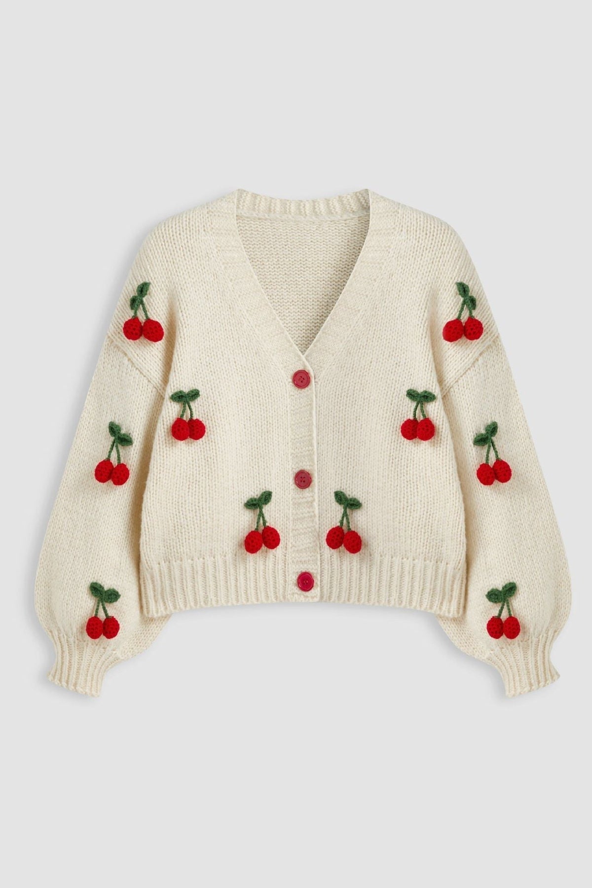 Cardigan ample femme maille col V applications cerises - Frieda