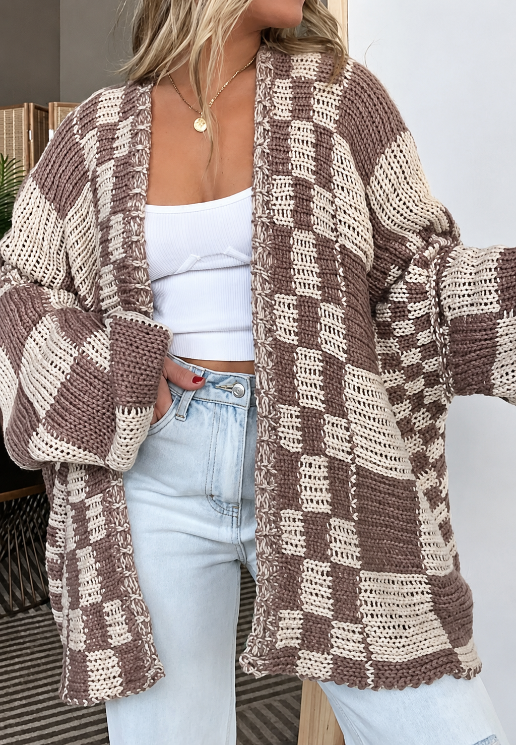 Cardigan tricoté femme carreaux manches longues ouvert devant - Bruna