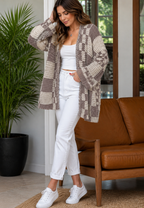 Cardigan tricoté femme carreaux manches longues ouvert devant - Bruna