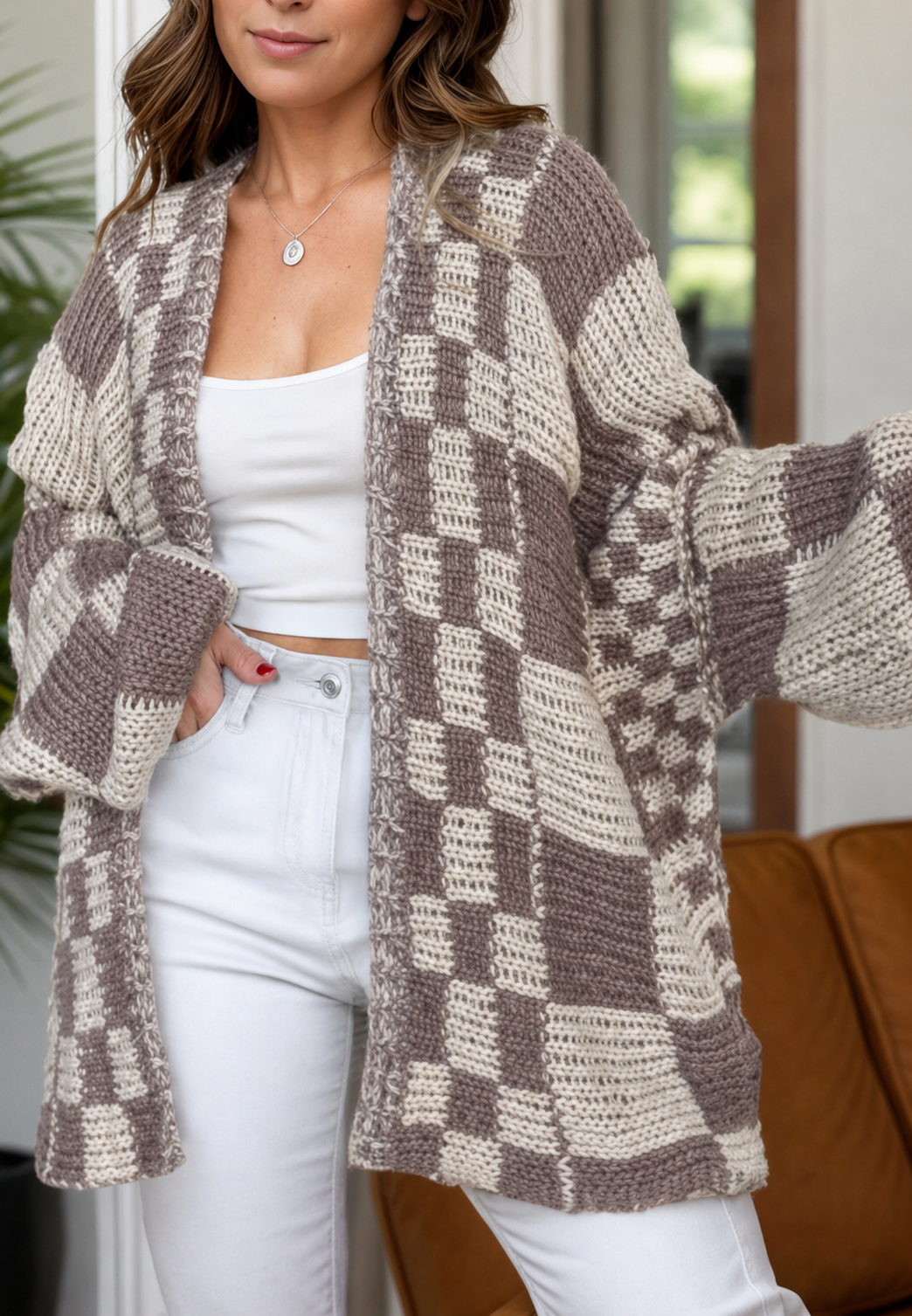 Cardigan tricoté femme carreaux manches longues ouvert devant - Bruna