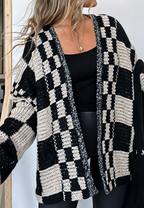 Cardigan tricoté femme carreaux manches longues ouvert devant - Bruna