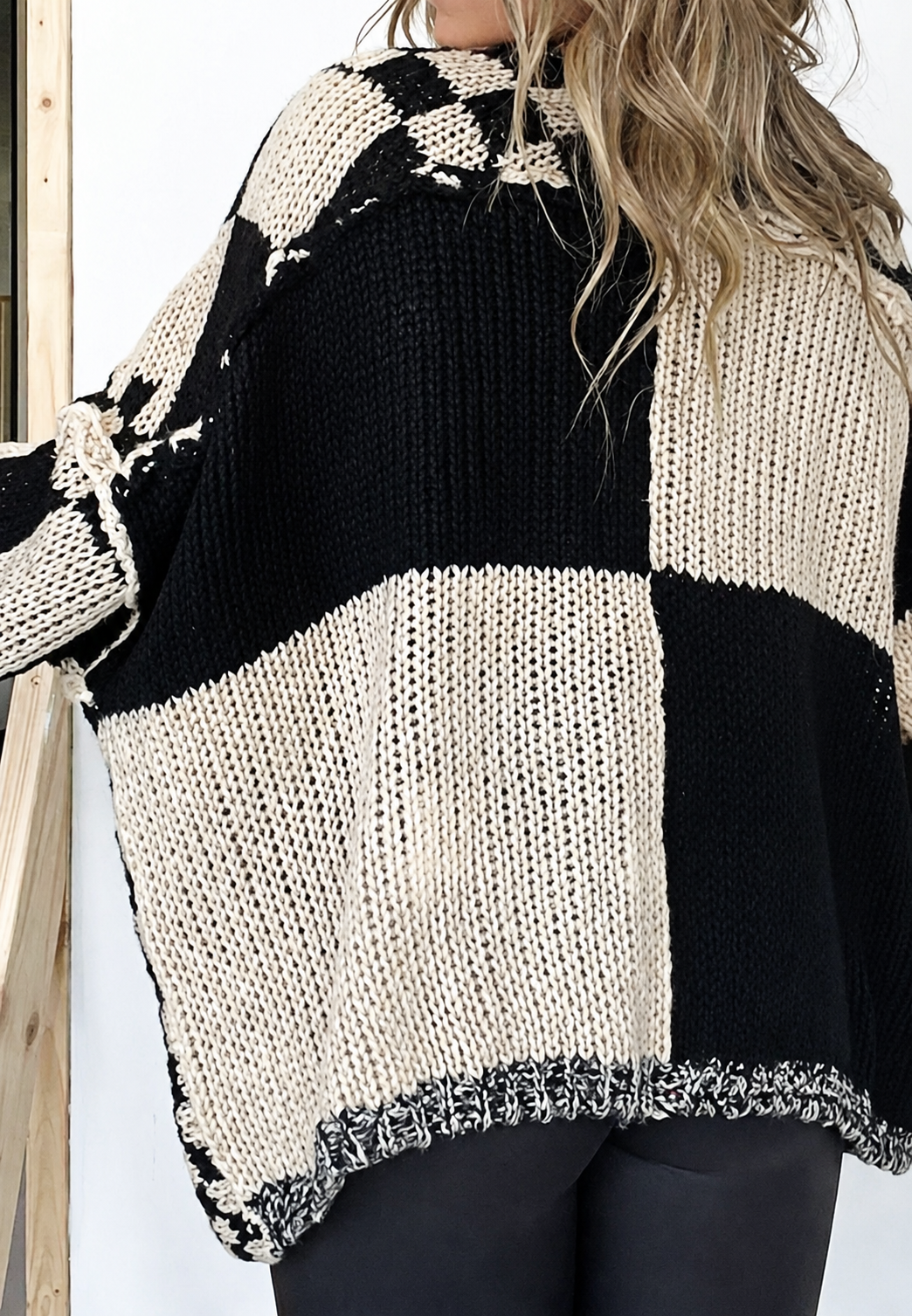 Cardigan tricoté femme carreaux manches longues ouvert devant - Bruna