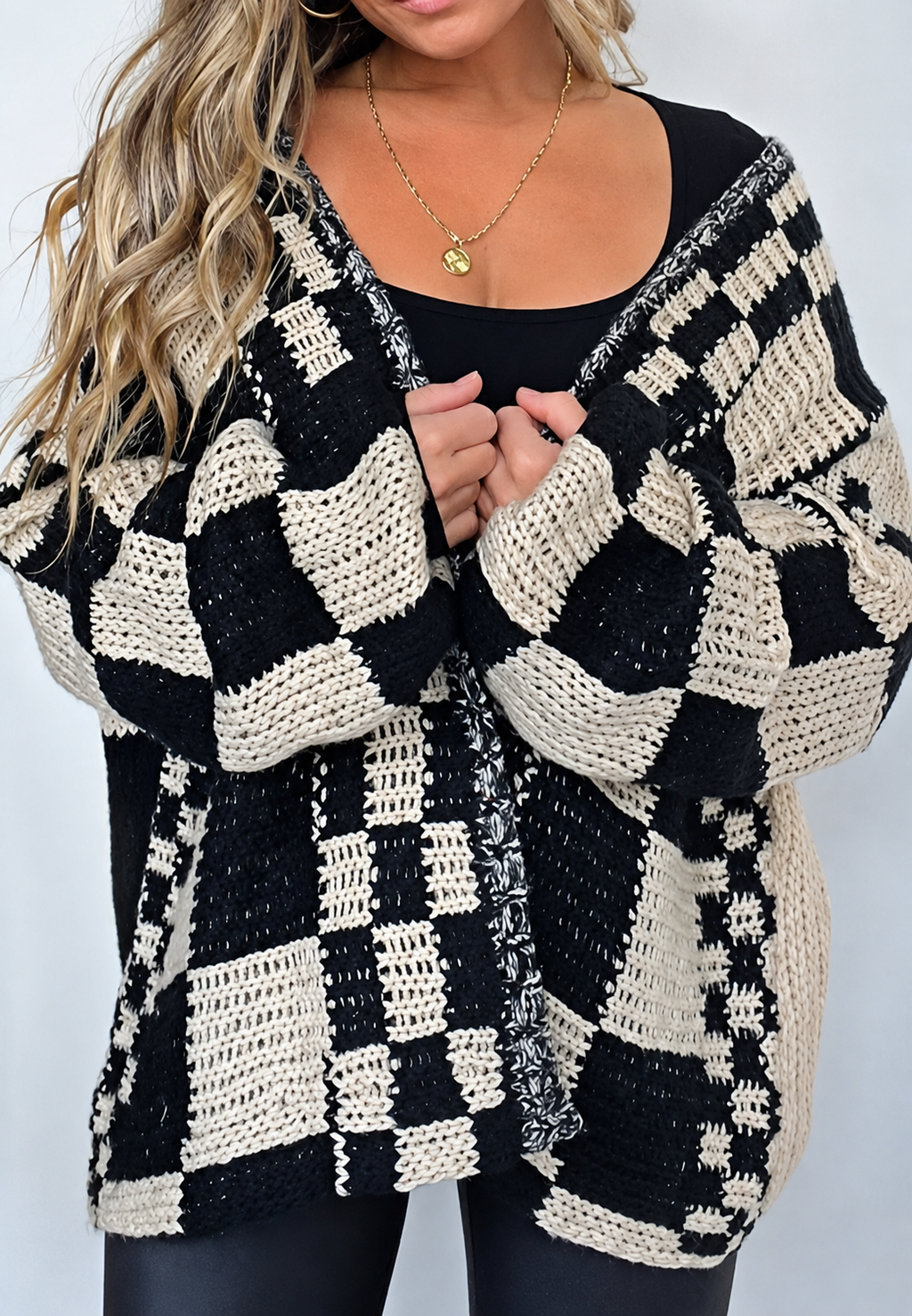 Cardigan tricoté femme carreaux manches longues ouvert devant - Bruna