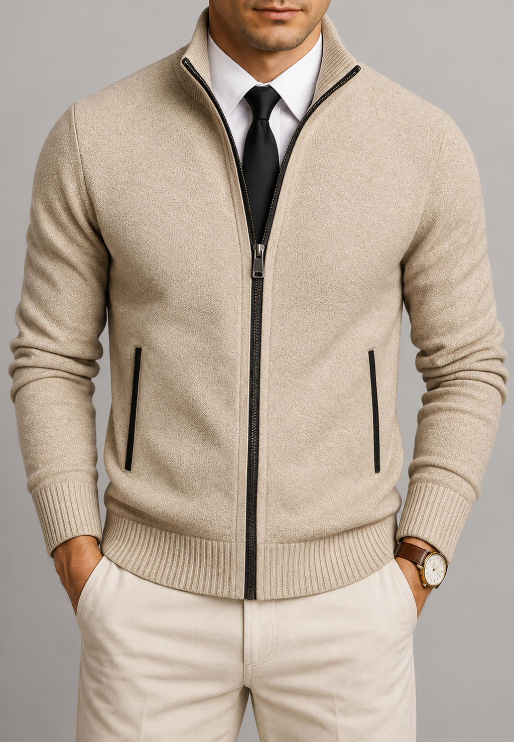 Cardigan homme col montant zippé intégral maille texturée - Dorian
