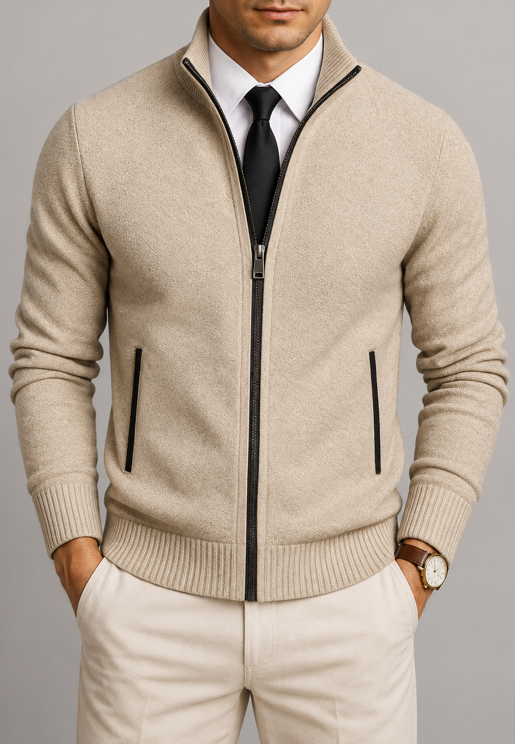 Cardigan homme col montant zippé intégral maille texturée - Dorian