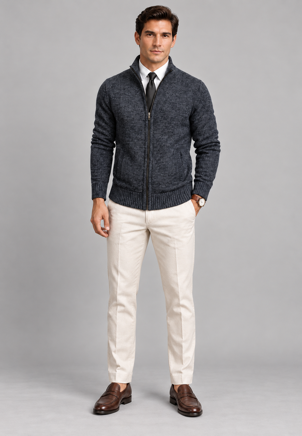 Cardigan homme col montant zippé intégral maille texturée - Dorian