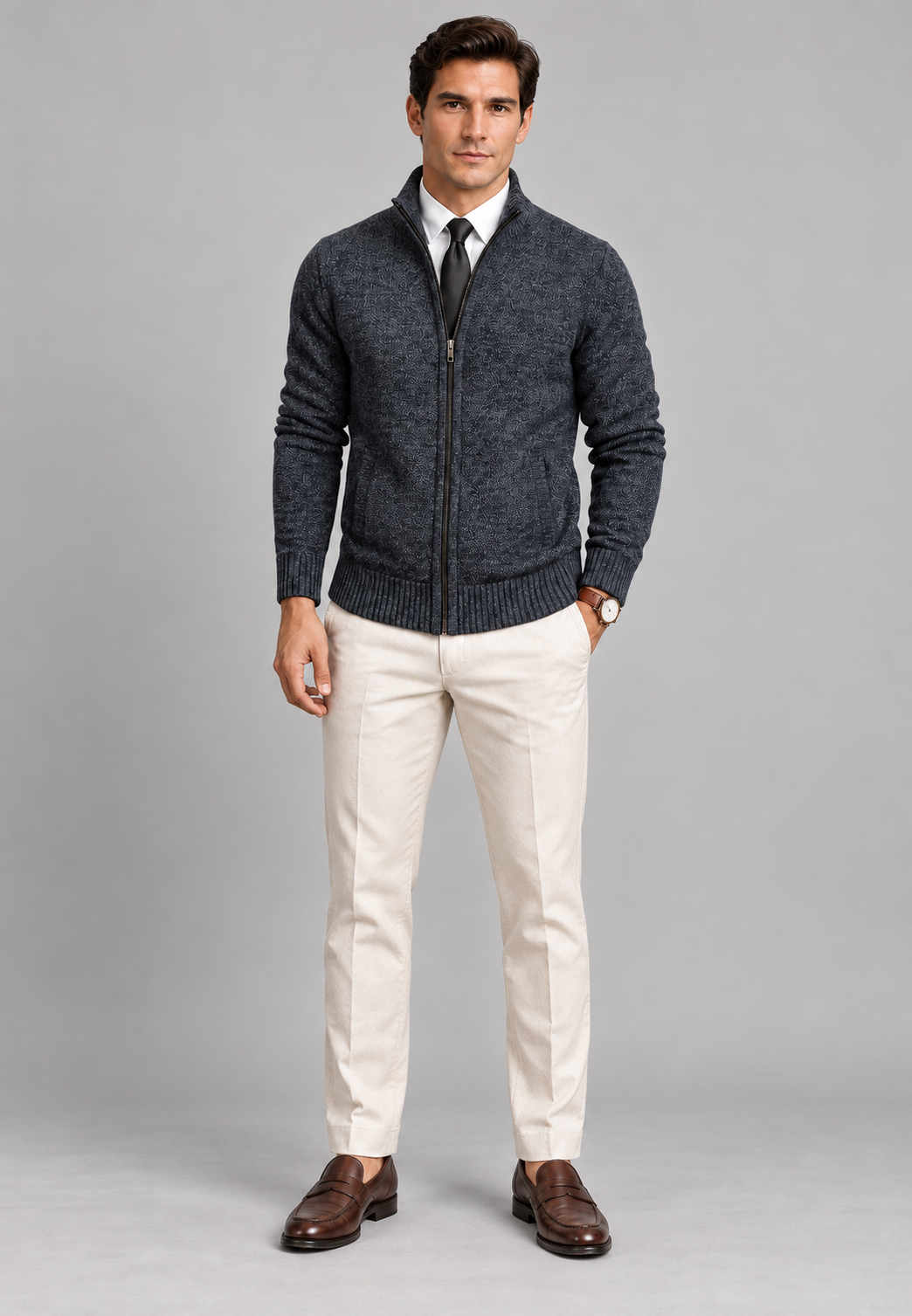 Cardigan homme col montant zippé intégral maille texturée - Dorian
