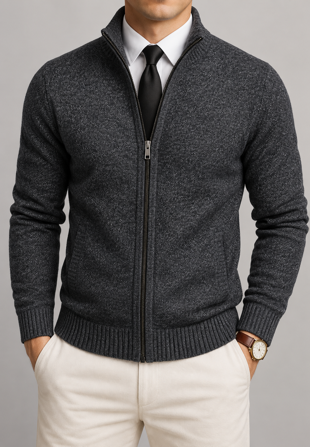 Cardigan homme col montant zippé intégral maille texturée - Dorian