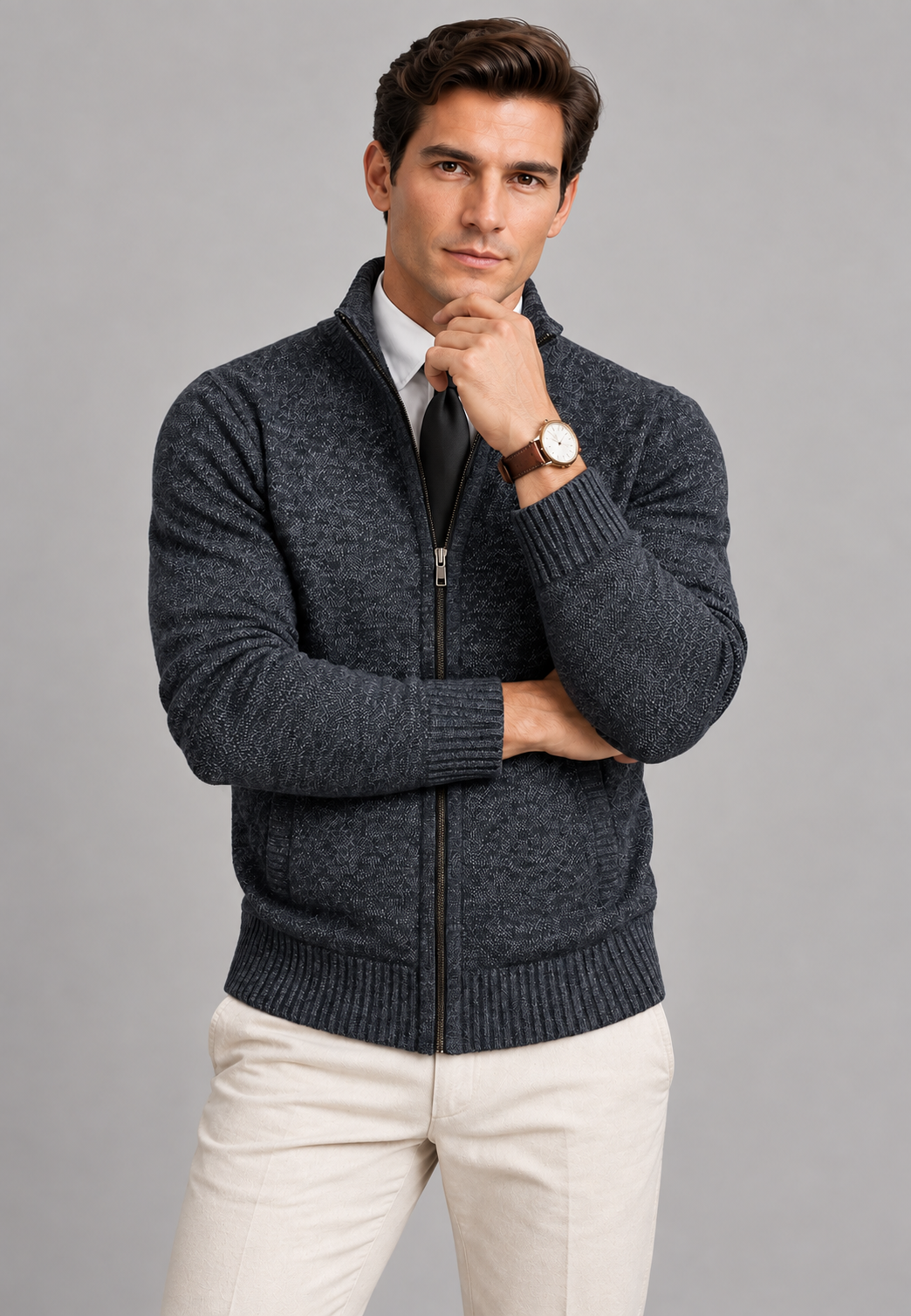 Cardigan homme col montant zippé intégral maille texturée - Dorian