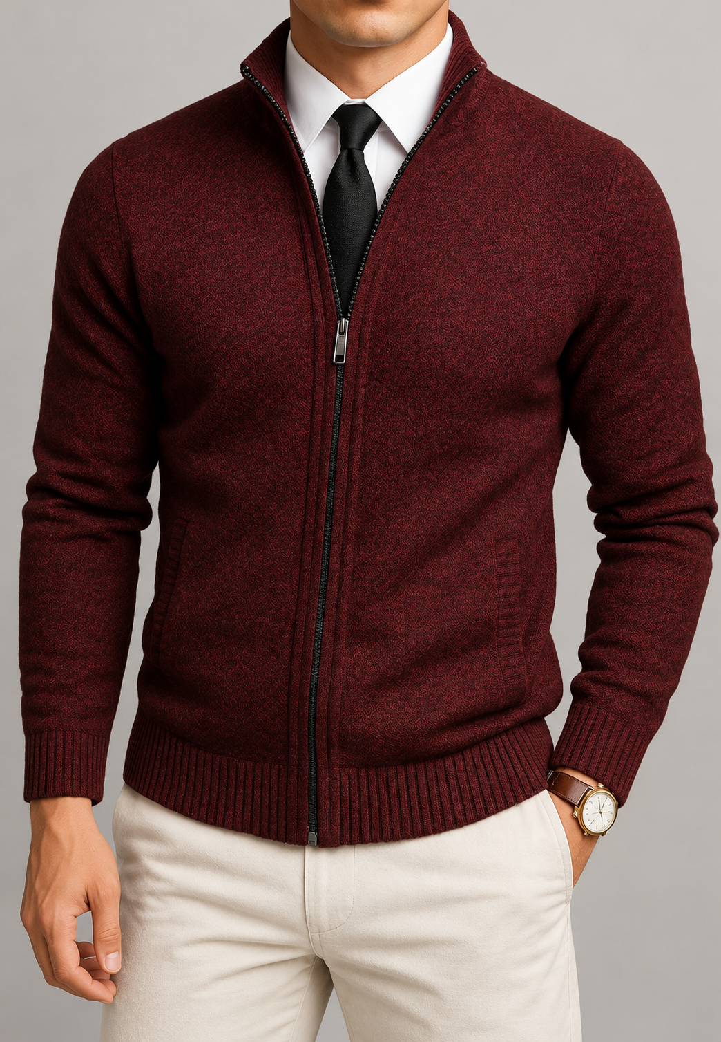 Cardigan homme col montant zippé intégral maille texturée - Dorian