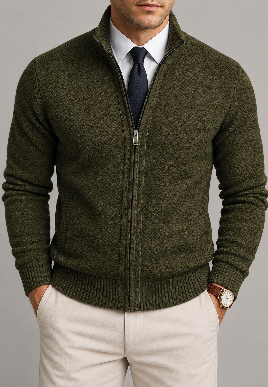 Cardigan homme col montant zippé intégral maille texturée - Dorian