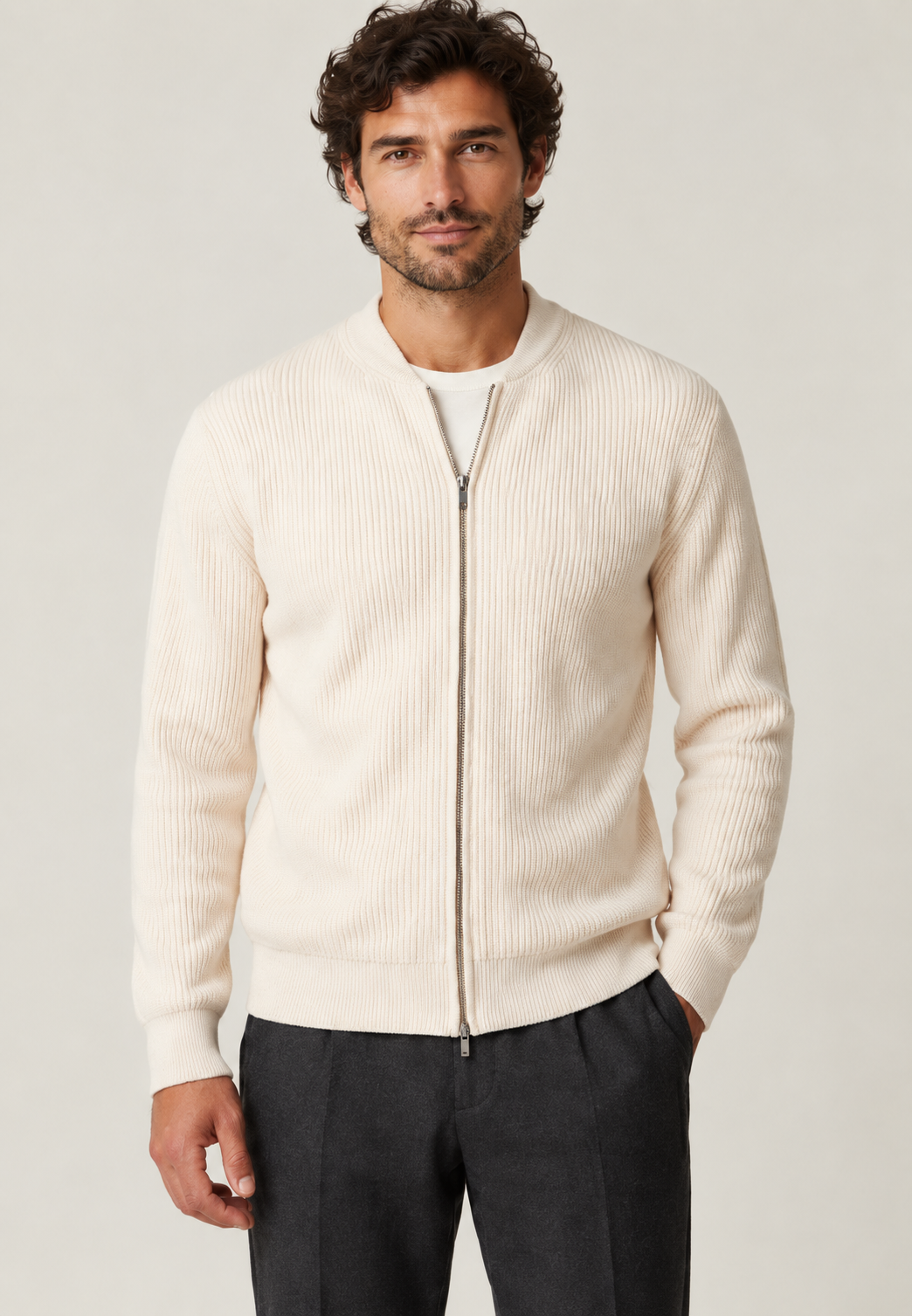 Cardigan homme zippé intégral maille côtelée col rond - Sorrento