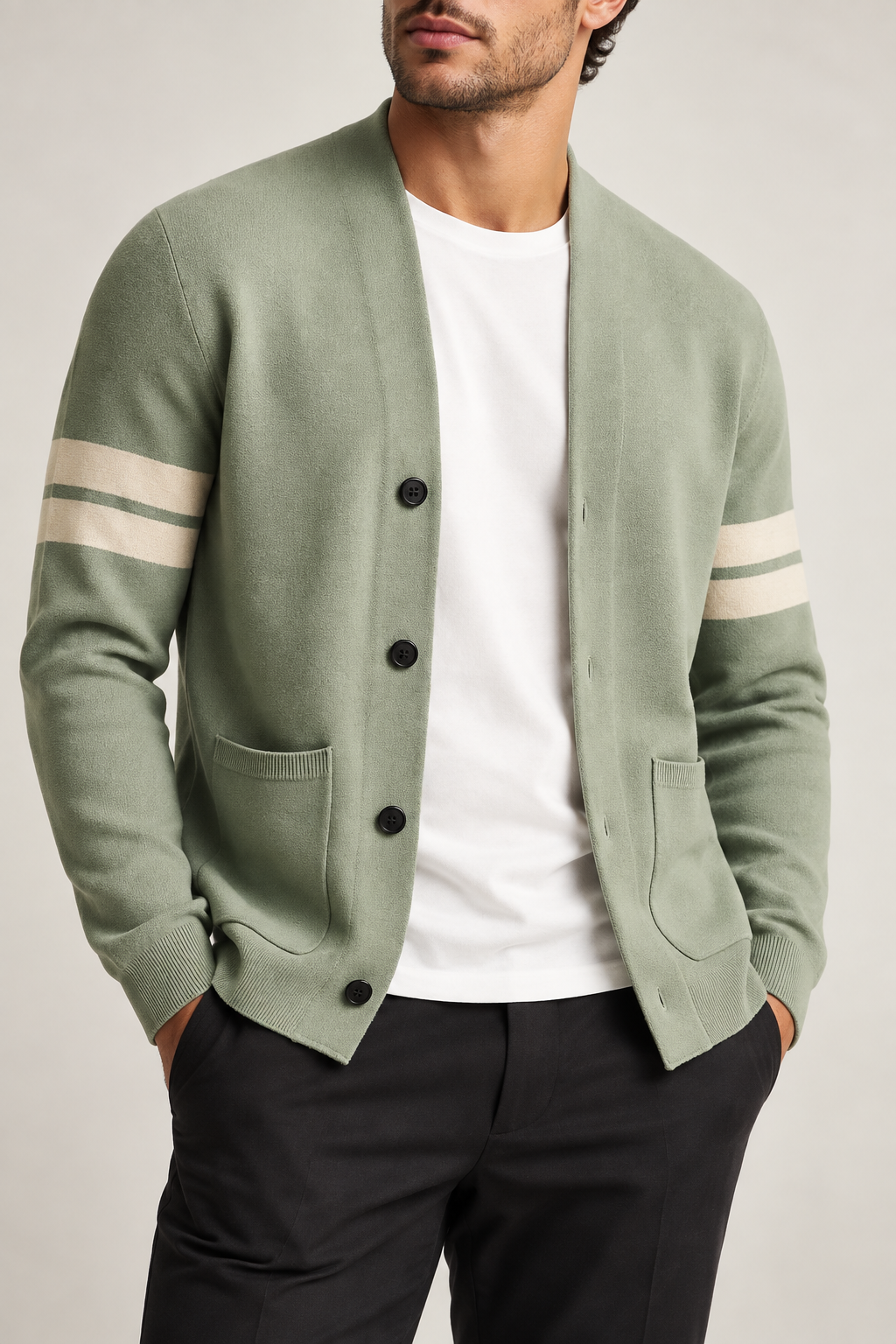 Cardigan homme col V rayures manches boutons maille - Lennart