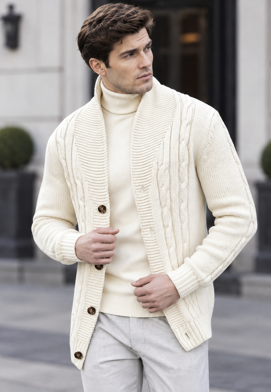 Cardigan homme maille torsadée col châle boutons chaud - Gauthier