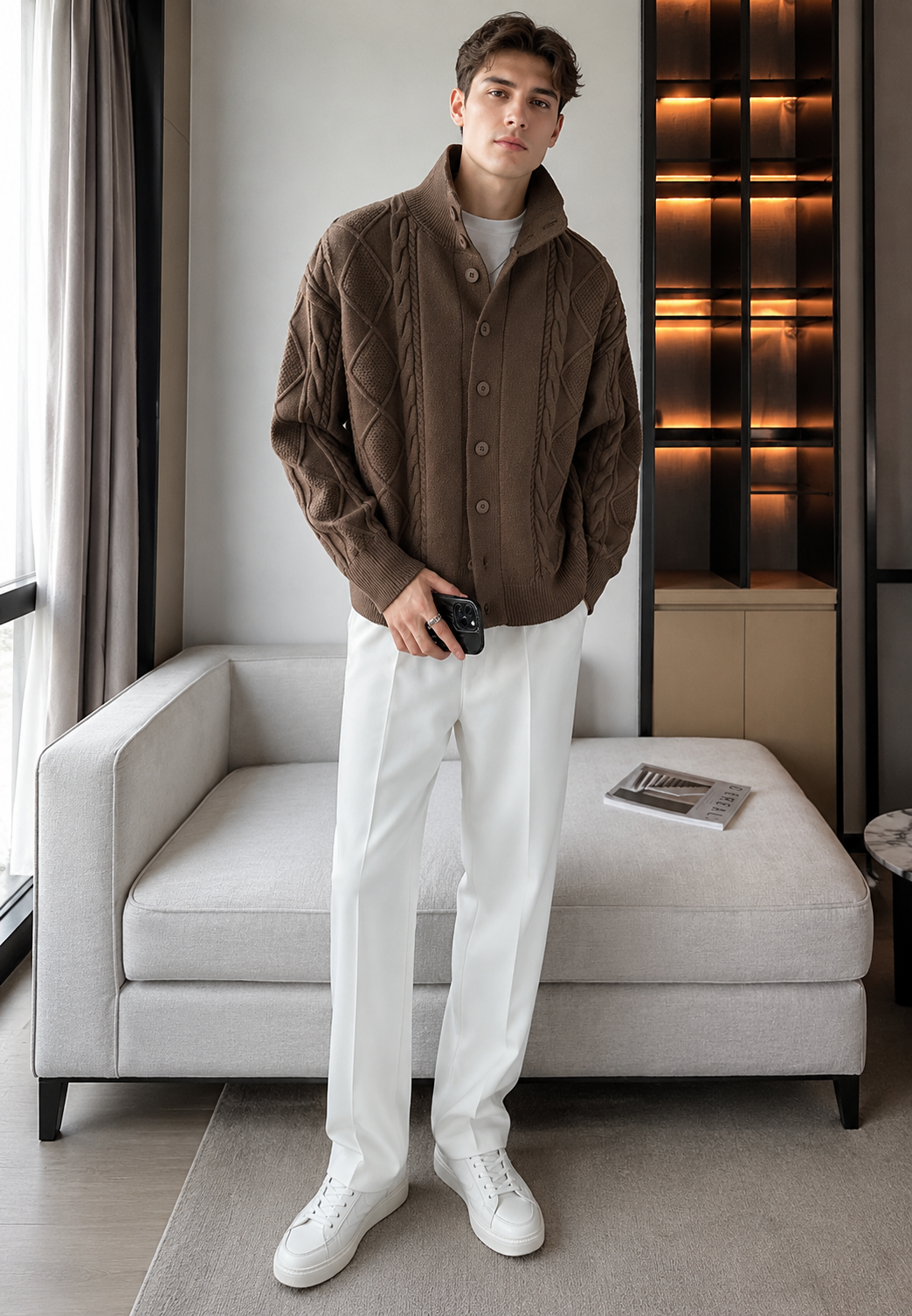 Cardigan homme maille torsadée col montant boutons chaud - Adrián