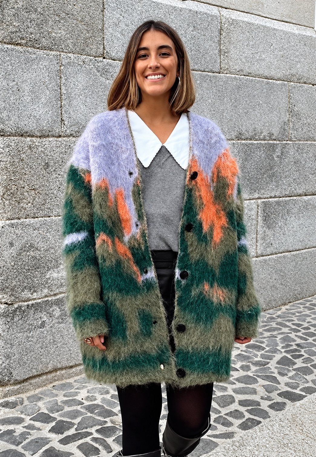Cardigan long femme maille chinée imprimé abstrait automne - Marzena