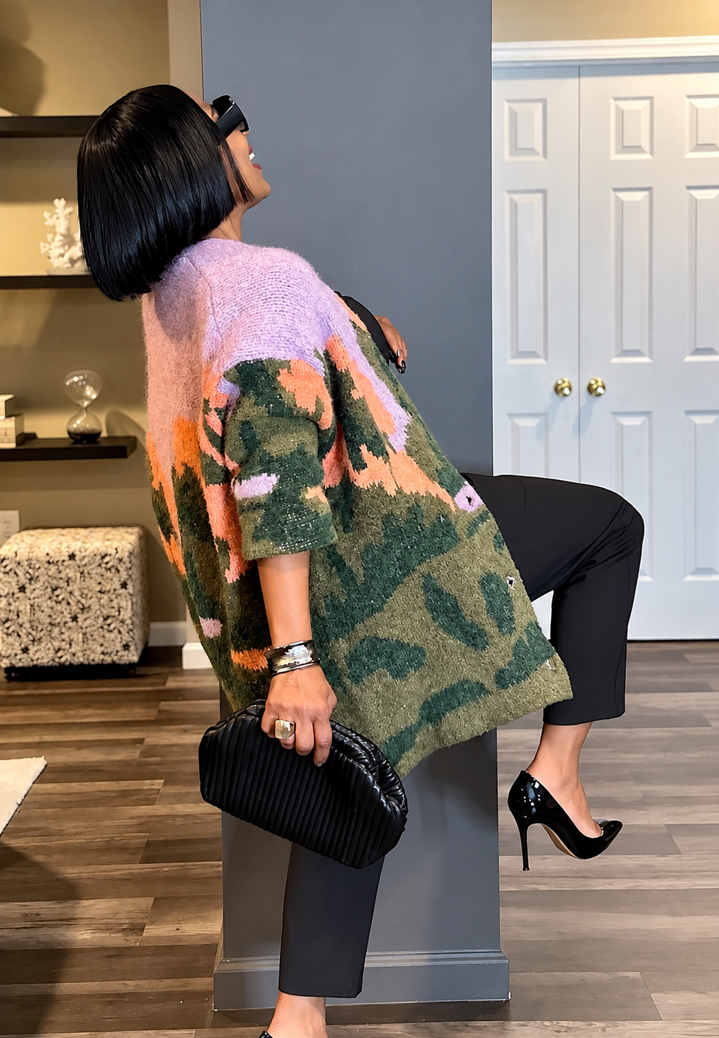 Cardigan long femme maille chinée imprimé abstrait automne - Marzena