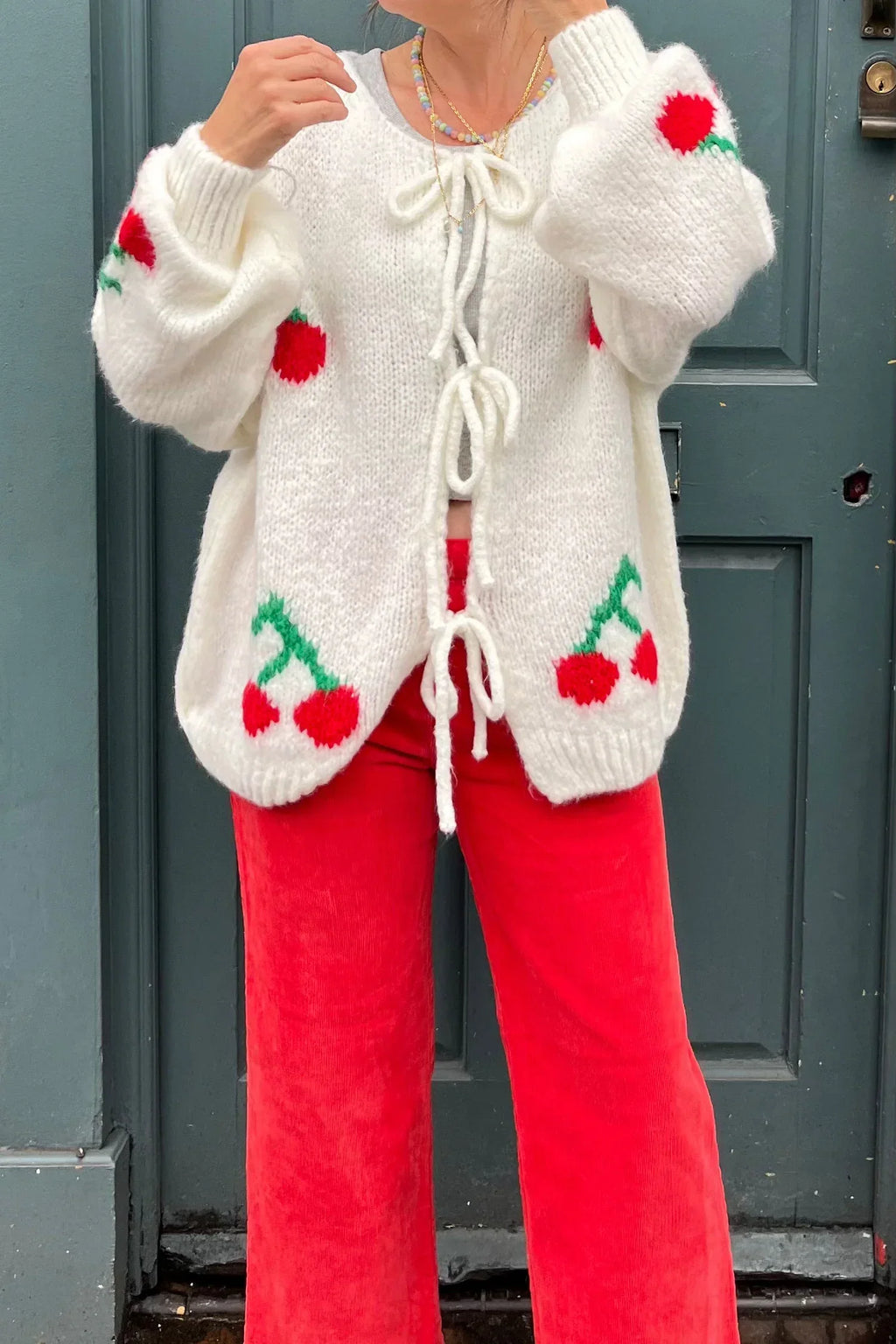 Cardigan femme mohair nœuds devant motif cerises doux - Fenja