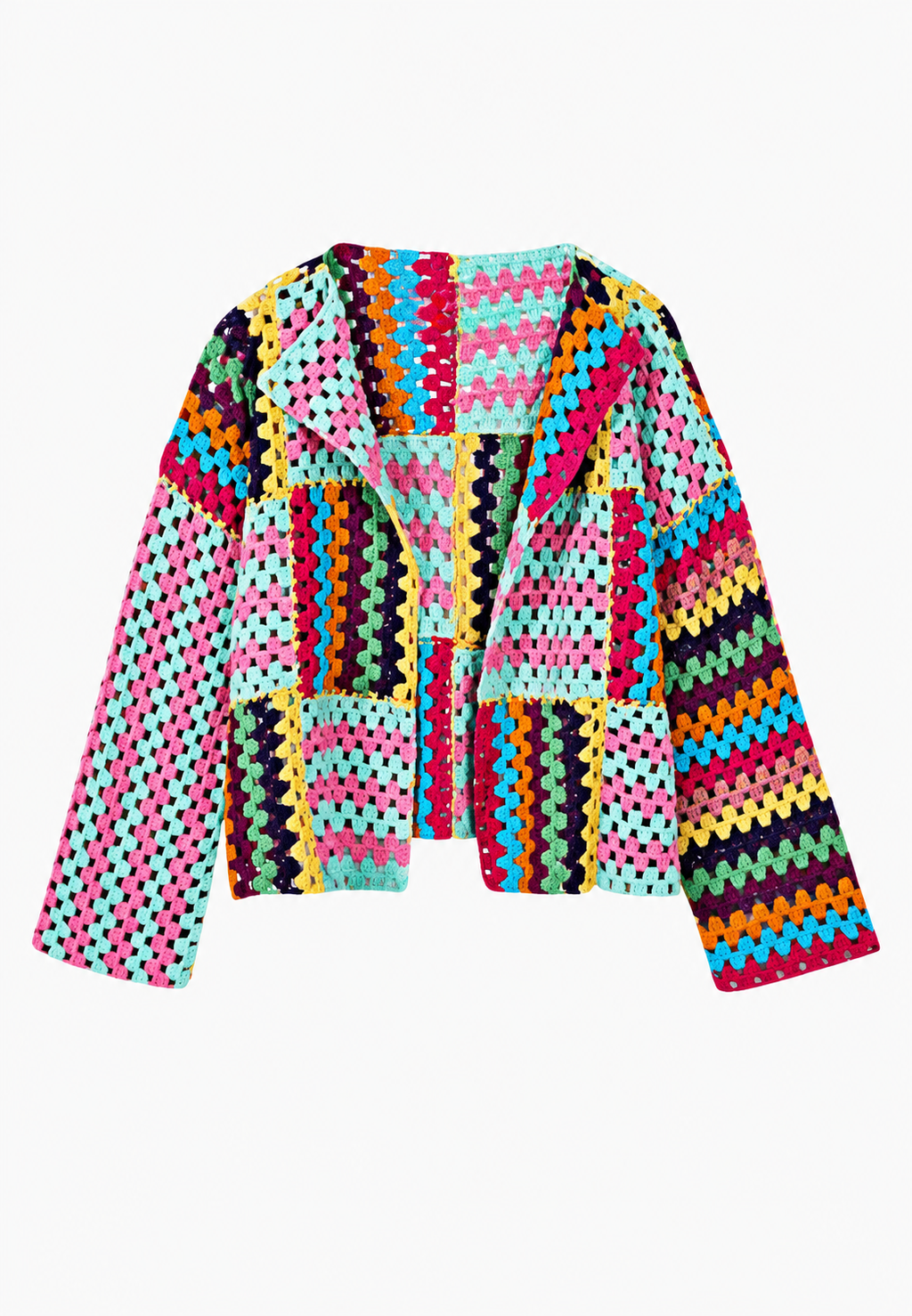 Cardigan court femme crochet granny squares ouvert ajouré - Nives