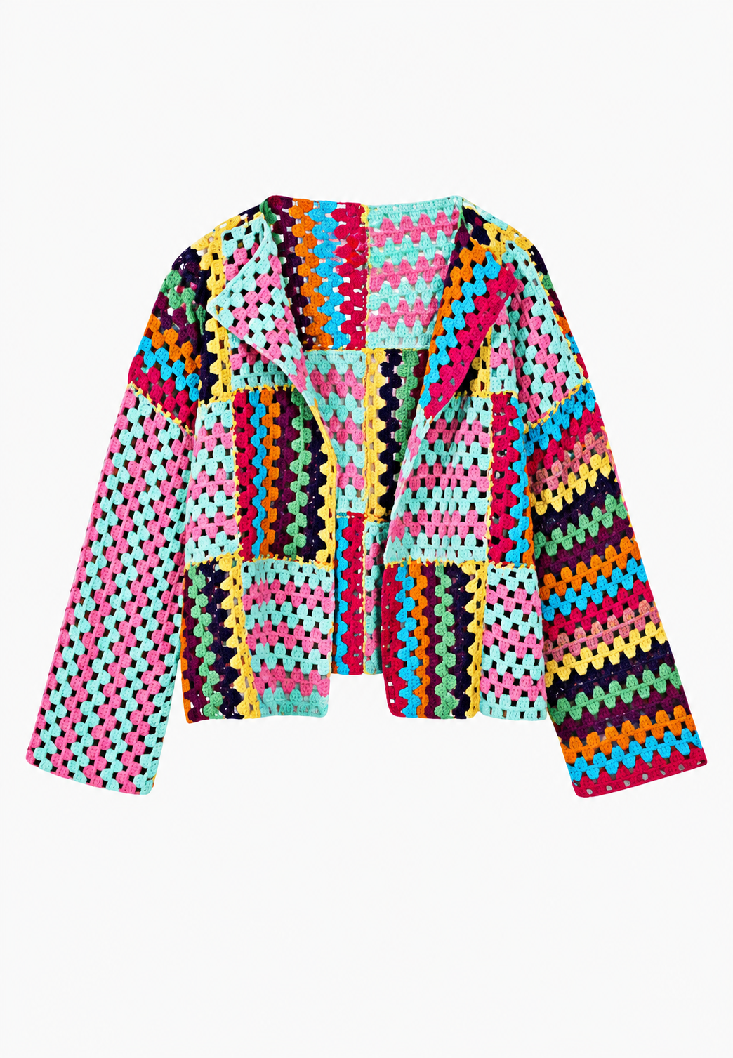 Cardigan court femme crochet granny squares ouvert ajouré - Nives