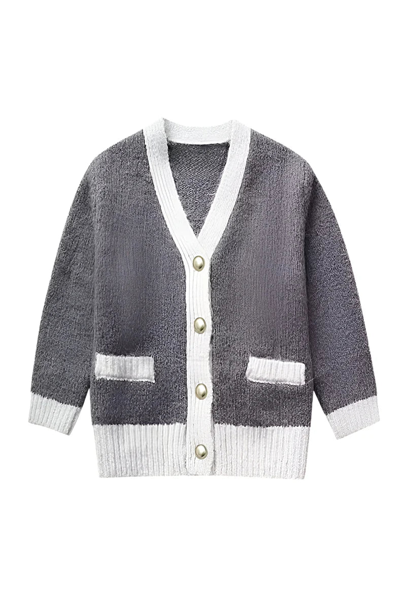 Cardigan femme col V boutons détails contrastés maille - Elva
