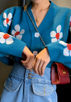 Cardigan femme imprimé floral col V maille fleurie - Santera