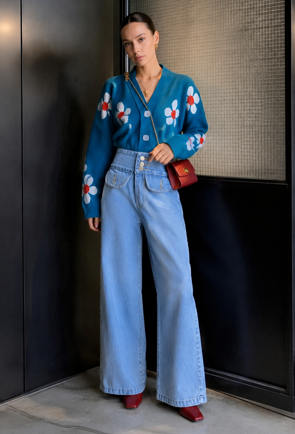 Cardigan femme imprimé floral col V maille fleurie - Santera