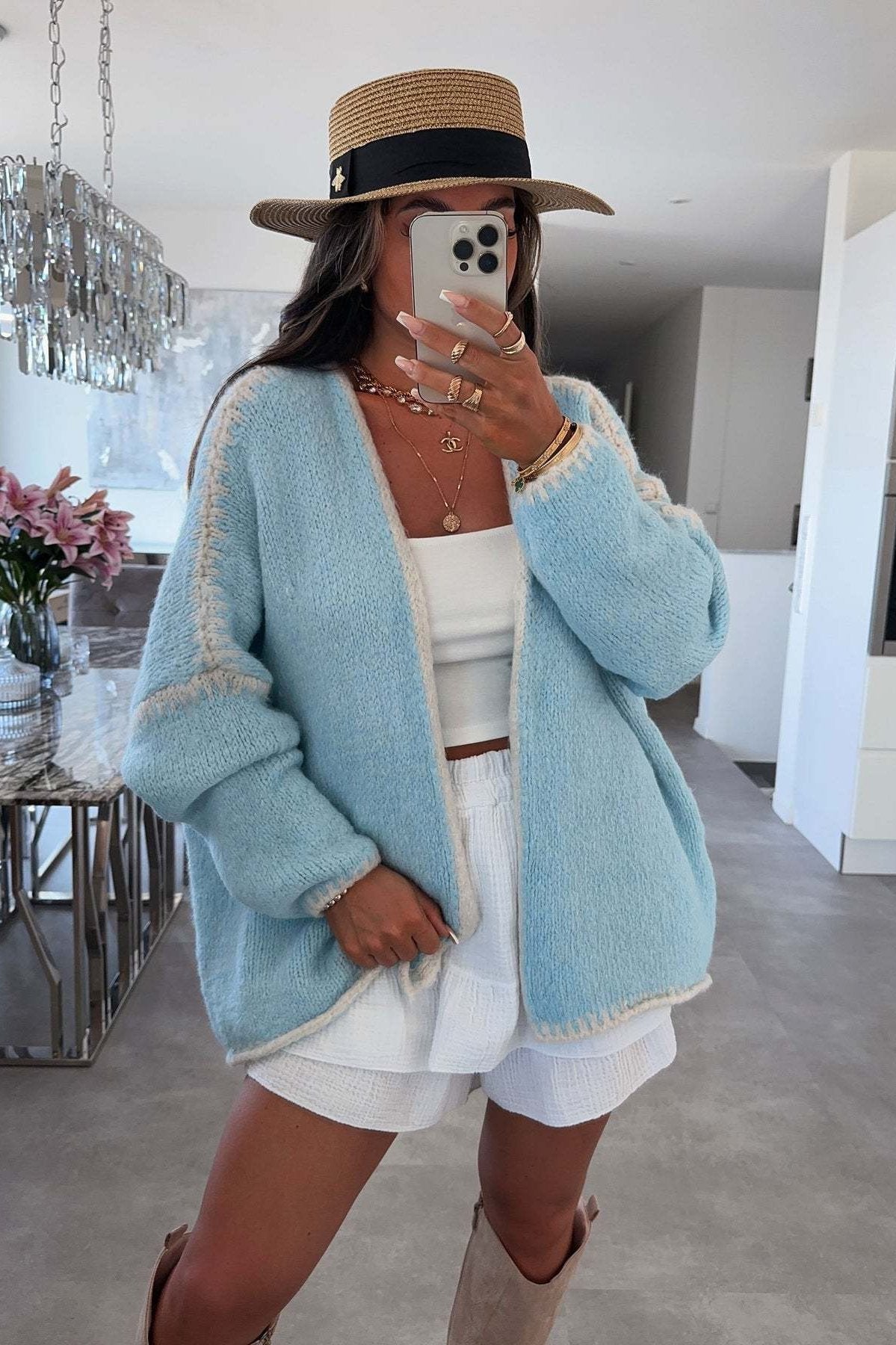 Cardigan femme ample maille bordures contrastées manches longues - Selmara