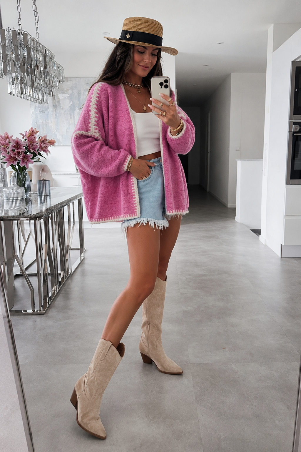 Cardigan femme ample maille bordures contrastées manches longues - Selmara
