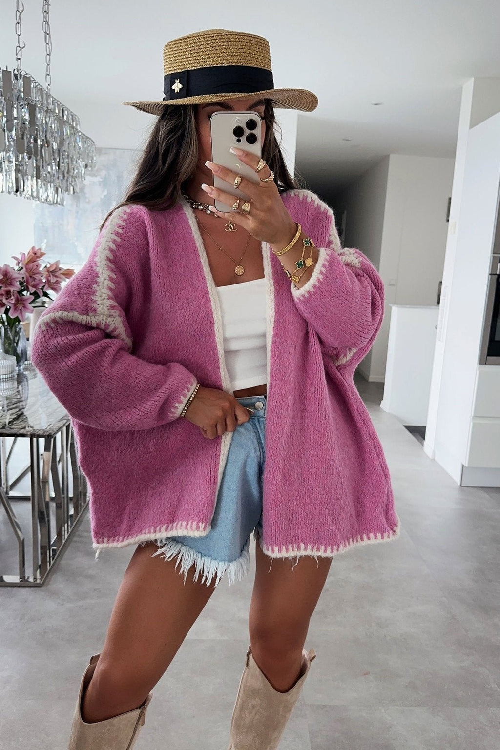 Cardigan femme ample maille bordures contrastées manches longues - Selmara